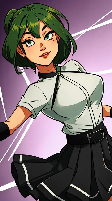 1girl, solo,(best quality),(masterpiece:1.1), green hair, upper body,black skirt, looking_at_viewer, dynamic angle, cute, clear facial skin,  <lora:Ubel:0.7>