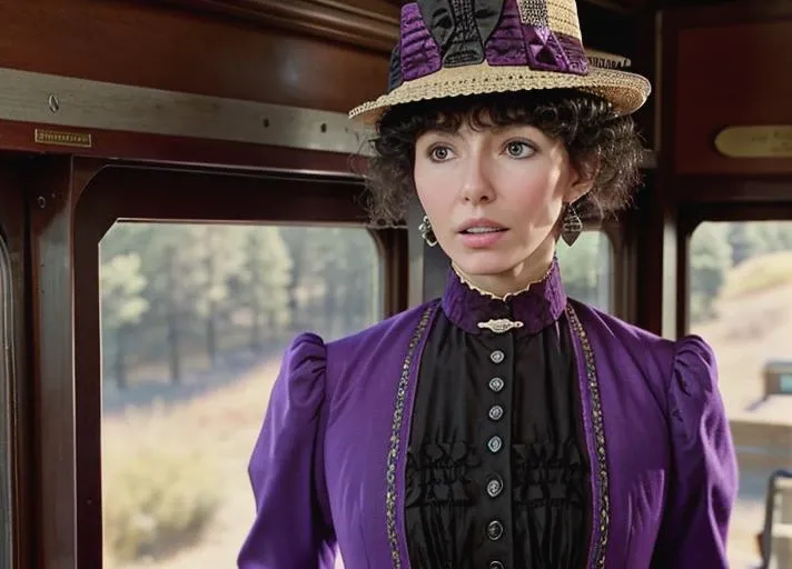 real, atmospheric scene, masterpiece, best quality, (detailed face, detail skin texture, ultra-detailed body),(cinematic light:1.1),
<lora:marysteenburgen_clara_lora_smf_01:0.9>,  1girl, marysteenb-smf, hat, realistic, top hat, solo focus, jewelry, formal, multiple boys, earrings, upper body, train interior, short hair, suit, long sleeves, indoors, shirt, brown hair, closed mouth, buttons, black hair, jacket, lips, black headwear, purple dress