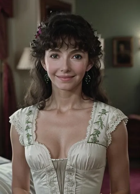 real, atmospheric scene, masterpiece, best quality, (detailed face, detail skin texture, ultra-detailed body),(cinematic light:1.1),
<lora:marysteenburgen_clara_lora_smf_01:0.9>, 1girl, marysteenb-smf, solo, jewelry, earrings, realistic, smile, black hair, bow, upper body, blurry background, looking at viewer, black eyes, long hair, blurry, green dress