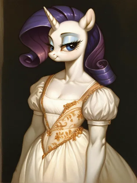 score_9, score_8_up, score_7_up, score_6_up, 1woman, portrait, Rarity \(mlp\), anthro pony, tail, dress, <lora:Titian_Vecellio-000011:1>