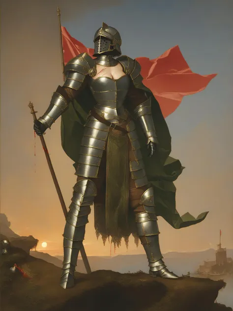 score_9, score_8_up, score_7_up, score_6_up,
1woman, long legs, curvy body, cute face, perfect round large, breasts, black hair, long legs, platearmor, green cape, full helmet, sunset, standing on a cliff, battlefield, sword in hand, flag, standard, ornaments, belt, armored boots, scars, pelvic curtain, blood on face, big armor, corpses, cleavage, closeup shot on face and upper body
<lora:Titian_Vecellio-000011:1>