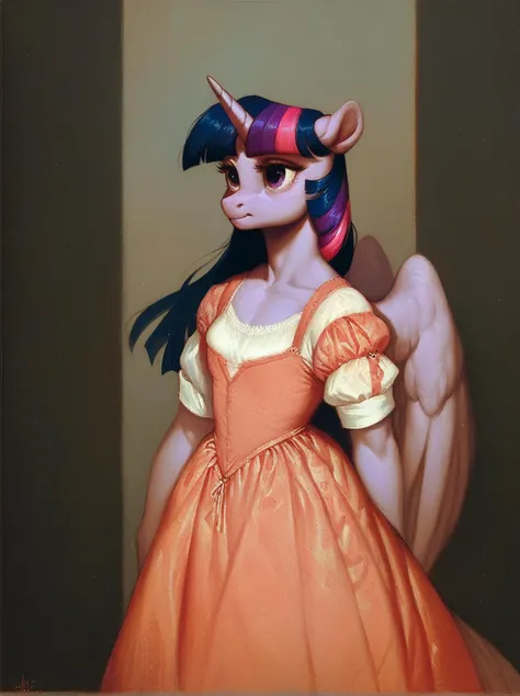 score_9, score_8_up, score_7_up, score_6_up, 1woman, portrait, Twilight Sparkle \(mlp\), anthro pony, tail, wings, dress, <lora:Titian_Vecellio-000011:1>