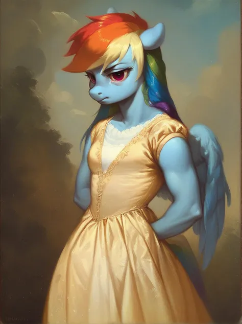 score_9, score_8_up, score_7_up, score_6_up, 1woman, portrait, Rainbow Dash \(mlp\), anthro pony, tail, wings, dress, <lora:Titian_Vecellio-000011:1>