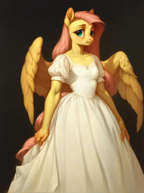 score_9, score_8_up, score_7_up, score_6_up, 1woman, portrait, Fluttershy \(mlp\), anthro pony, tail, wings, dress, <lora:Titian_Vecellio-000011:1>