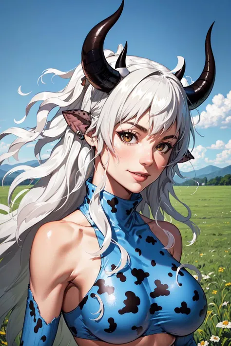 (best quality), outdoors, field, blue sky, portrait, 1girl, solo, KingUma, brown eyes, cow girl, horns, long hair, large breasts, <lora:OxenKingUma_V1-Manityo-AdamW:1.0>, toned, looking at viewer, smile, turtleneck, blue crop top, cow print, bare shoulders, blue gloves,