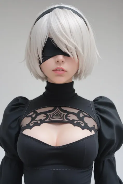 score_9, score_8_up, score_7_up, best quality, masterpiece,realistic, 
1girl, solo, blindfold, yorha no. 2 type b, black blindfold, upper body, puffy sleeves, dress, short hair, white hair, black dress, juliet sleeves, hairband, breasts, cleavage cutout, long sleeves, parted lips, turtleneck, clothing cutout, black hairband, medium breasts, covered eyes, mole under mouth, mole, lips, pink lips, nose, facing viewer, hair over eyes, teeth