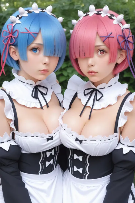 score_9, score_8_up, score_7_up, best quality, masterpiece, gigantic breasts, 20yo,realistic, 
ram (re:zero), roswaal mansion maid uniform, 2girls, multiple girls, twins, breasts, rem (re:zero), maid, siblings, blue hair, sisters, short hair, blue eyes, hair over one eye, pink hair, hair ornament, looking at viewer, detached sleeves, cleavage, realistic, ribbon,lips, x hair ornament, maid headdress, red eyes, medium breasts, hair ribbon, pink eyes, upper body, pink ribbon, nose, mole, apron, parted lips, dress, ribbon trim, mole on breast