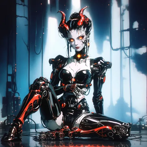 (score_9, score_8_up, score_7_up, zPDXL, cyberpunk city, neon glitch art crimson and obsidian black, thick lineart, sharp edges, cel shading, linear hatching),
BREAK
dutch angle, full body, red eyes, 1women, female focus, mask, robot, glowing eye, cyborg , android, mechanical arms, cyborg, robot joints, mechanical parts, tube, spine, cybernetic neck, bionic torso, bionic skin, demon girl, demon horns, demon tail, demon wings, presenting, pointing at viewer, BREAK cel shading, linear hatching, BREAK grim, dark atmospher, science fiction,
<lora:OldAnimeStyle_XL_v3:1>