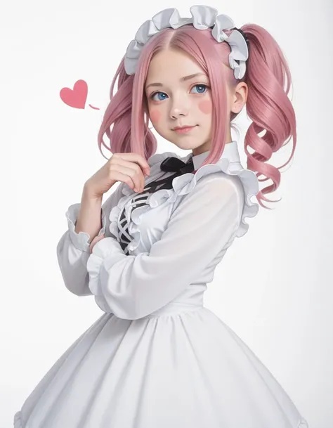 score_9, score_8_up, score_7_up, best quality, masterpiece, realistic, irl,raw photo,
<lora:metan_pony_v1:0.6> 1girl, solo, blue eyes, smile, white background, long sleeves, pink hair, dress, looking at viewer, heart, simple background, drill hair, maid headdress, white dress, hair ornament, long hair, blush, blush stickers, twintails, closed mouth, twin drills, frills, parted bangs