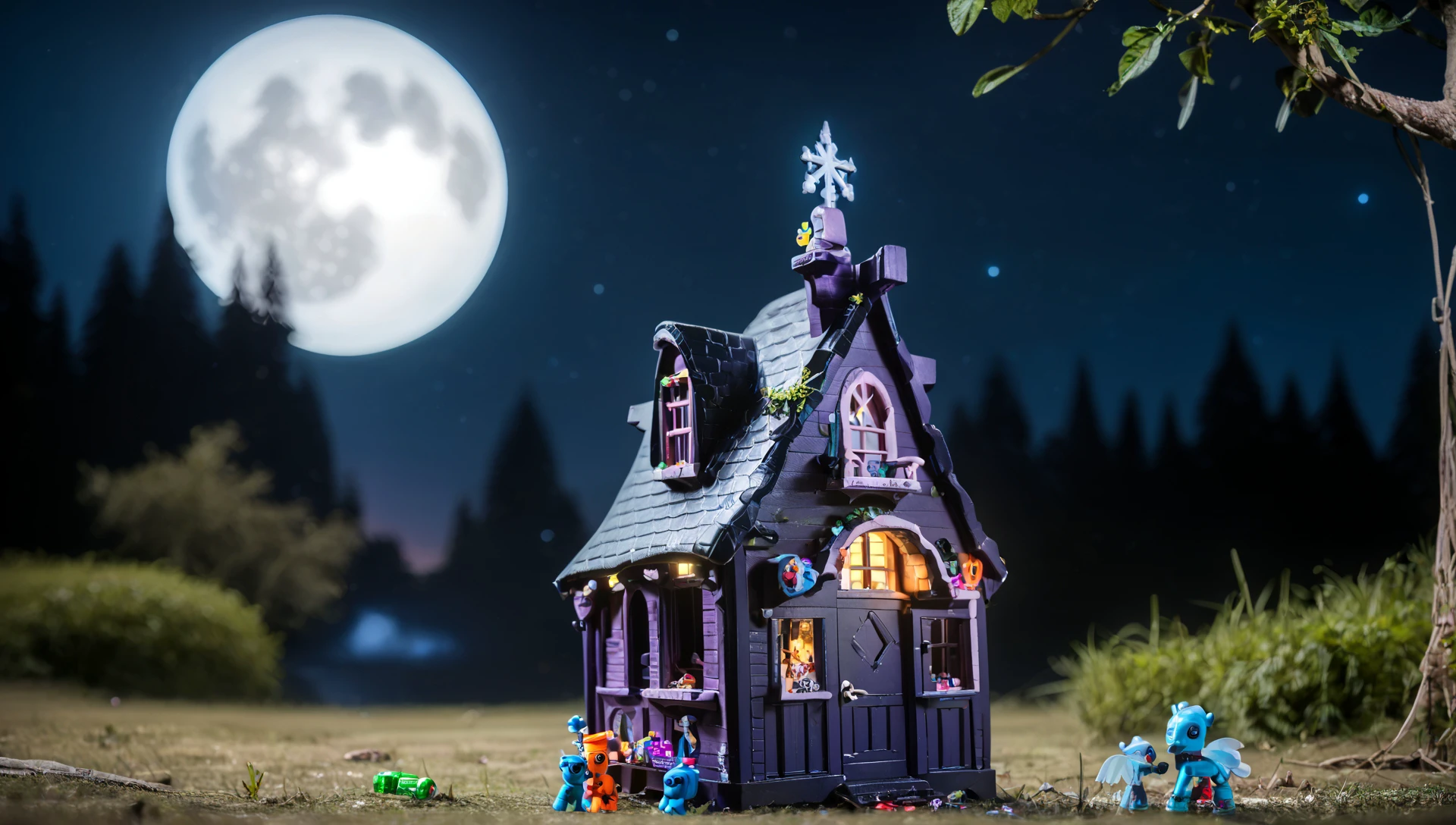 score9, score_8_up, score_7_up, score_6_up, score_5_up, score_4_up, a lego set of a witch's hut, plastic, toys, fake, realistic, photo, whimsical, surreal, gothic, fantasy, night, nighttime, moon, dark theme, low light, tiny, tilt-shift, depth of field, dof, blur, forest,<lora:Realistic_Photography_for_Pony_DIffusion:0.7> realistic <lora:Photo 2 Style SDXL_LoRA_Pony Diffusion V6 XL:0.75>