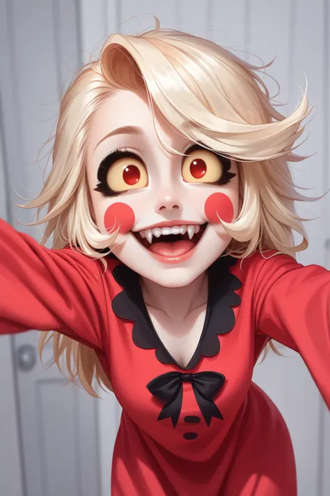 <lora:hazbin_hotel_ponyxl_v2-000025:0.9>, charlie, cute, pajamas, red pajamas, red shirt, black bow, messy hair, casual, smile, solo, open mouth, leaning forward, outstretched arm, selfie, fangs, tongue, teeth,
BREAK
score_9, score_8_up