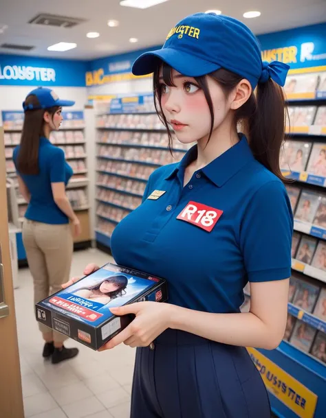 score_9, score_8_up, score_7_up, best quality, masterpiece,realistic eye, realistic background, Detailed Background,cute,petite,
<lora:girl_like_blockbuster:0.8> ((blockbuster)), ((2girls)), score_9, score_8_up, score_7_up, score_6_up, score_5_up, score_4_up, solo, 1girl in short dress, holding a video rental store portrait cover goods, blue cap, blue polo shirt, pants, look at each other, indoor, counter, storefront, glass door, parted lips, different colors hair, big breasts, ribbon, sweat, shy, blush,