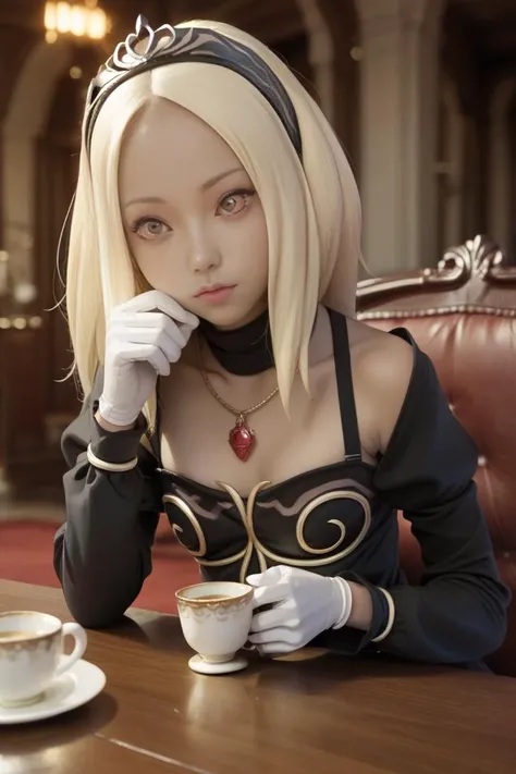 1girl,kat \(gravity rush\),blonde hair,red eyes,parted hair,dark-skinned girl,,
sitting on chair,table,holding,tea cup,black dress,long sleeves,white gloves,golden necklace,red pendant,black tiara,castle inside,indoors,game cg,closeup,(score_9,score_8_up,score_7_up),source_questionable,source_explicit,<lora:Kat - Gravity Rush (Autism SDXL):0.7>