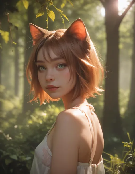 a closeup portrait of a playful foxie woman, undercut hair, amazing body, pronounced feminine feature, forest, ginger hair, freckles, flirting with camera