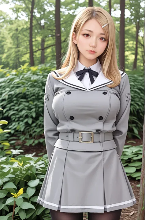 photorealistic, realism, realistic eyes, (realistic hair:1.2), perfect body, beautiful eyes, score_9, score_8_up, score_7_up, source_anime,
Shiki_XL, blonde, long hair, red eyes, mole under mouth, hairclip, large breasts, BREAK, shiki_school_outfit, school uniform, black pantyhose, grey jacket, grey skirt, neck ribbon, grey belt, BREAK, forest, closeup, hands behind back,
<lora:Shiki_XL:0.8>