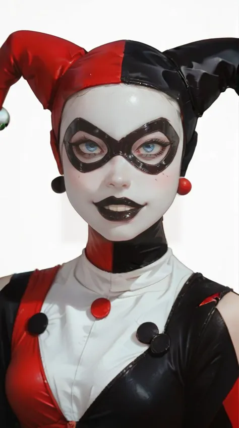 score_9, score_8, score_8_up, young woman, black domino mask, round domino mask, white skin, colored skin, black lips, blue eyes, red and black, jesters caps, harlequin, pretty face, smile, <lora:g0th1cPXL:0.85> g0th1cpxl <lora:HarleyPDXL:0.75>