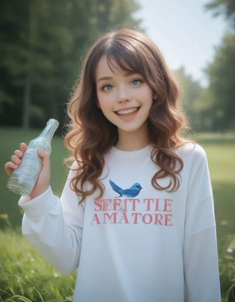 score_9, score_8_up, score_7_up, score_6_up, score_5_up, score_4_up,best quality, masterpiece,small face, europian,realistic eye,realistic,girl,feminine, cowboy shot,
, :d, animal, bird, blue background, blue eyes, blush, bottle, cat, english text, grass, grin, long sleeves, open mouth, outdoors, smile, solo, teeth, tree, upper teeth only, wavy hair