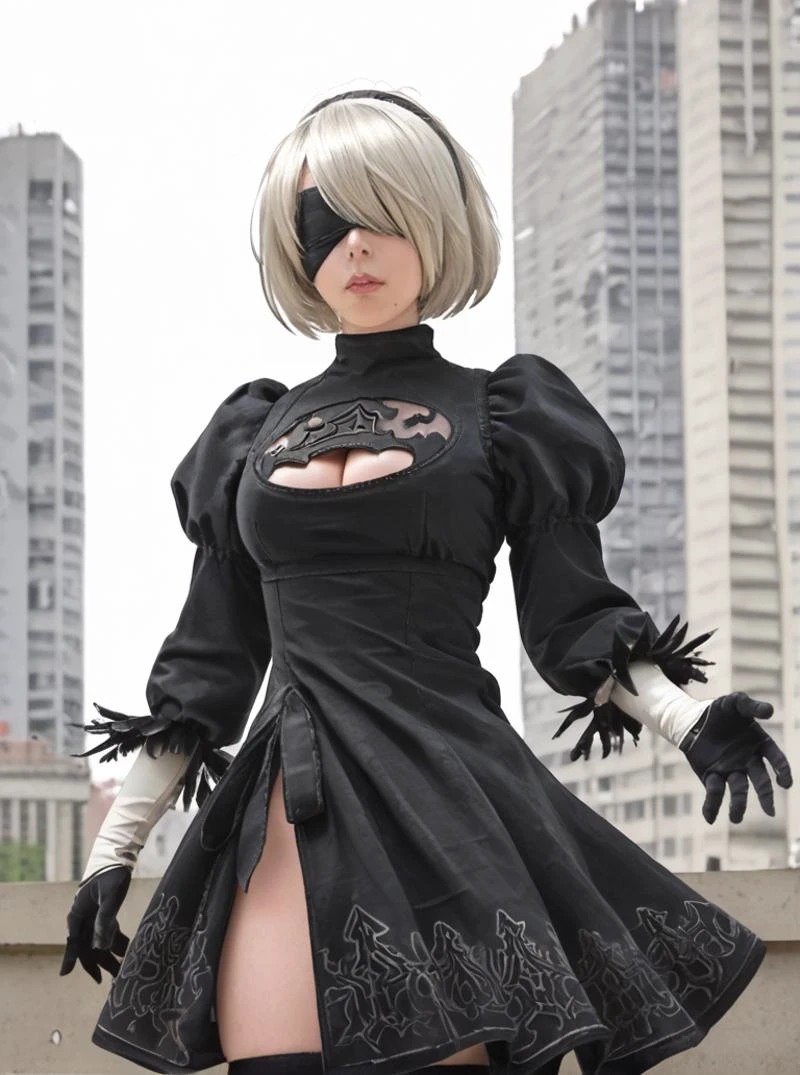 score_9, score_8_up, score_7_up,source_anime, real, realistic,
2b, long_sleeves, gloves, dress, cleavage,black_gloves, puffy_sleeves, black_thighhighs, mole, black_dress, clothing_cutout, cleavage_cutout, black_hairband, juliet_sleeves, mole_under_mouth, blindfold, vambraces, covered_eyes, black_blindfold, city ruin,
<lora:2b-PDXL-V1(test):1>