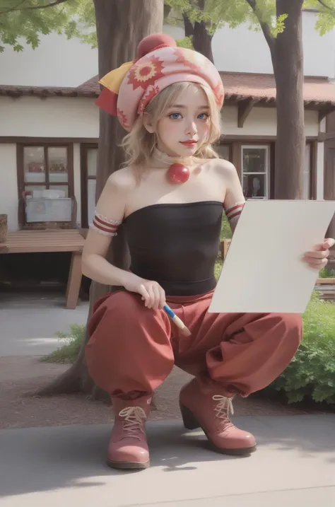 rating_safe,score_9, score_8_up, score_7_up, score_6_up, photo realistic
,photo,ultra-detailed blonde hair, many detailed tangle hair streak,airly hair
,9 years old little girl
,flat chest,chiled faced
,<lora:relm ff6PonyXL:1>relm ff6,beret,cape,choker,armband,tube top,red pants,boots
,painting on canvas with paintbrush,holding paintbrush, Wooden oil painting palette in hand
,(Rural Village,Outdoors)