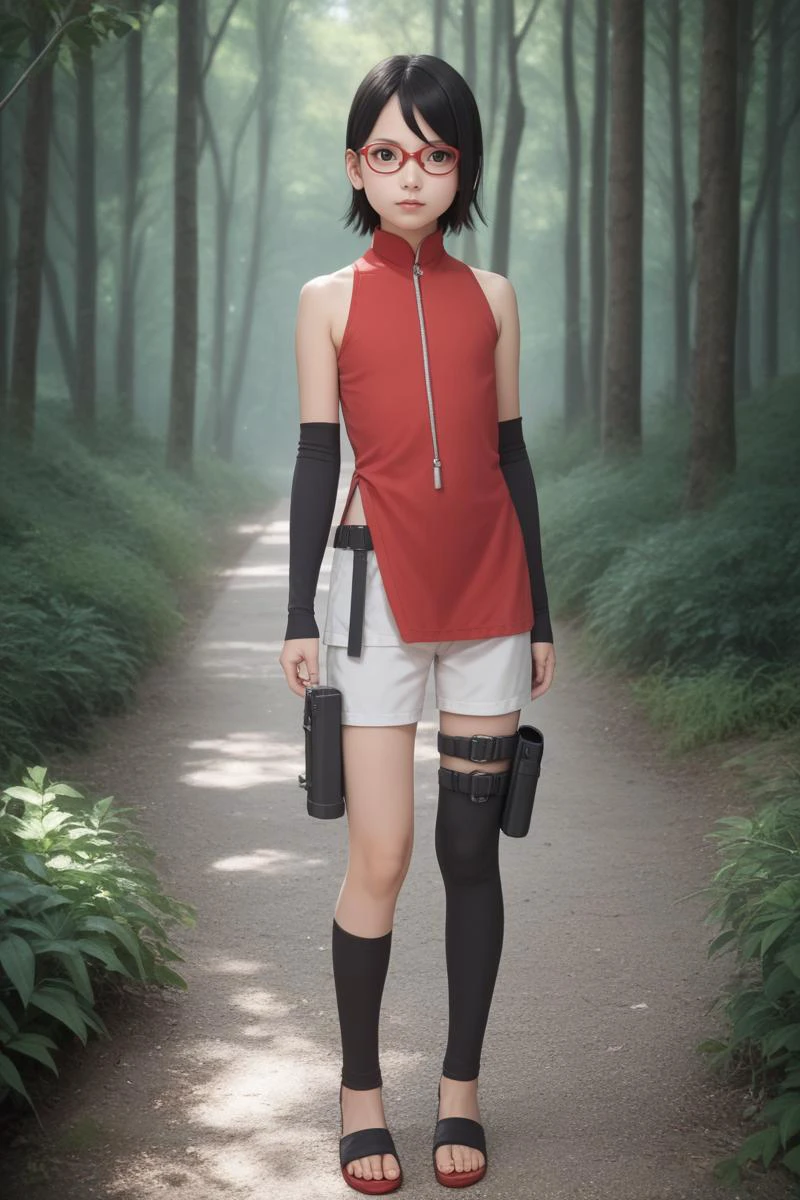 score_9, score_8_up, score_7_up, score_6_up, score_5_up, score_4_up, break, Sarada Uchiha, solo, 1girl,,(12 yeck hair, short hair, red-framed eyewear, glasses, black eyes, red dress, sleeveless, elbow-length gloves, black gloves, fingerless gloves, white shorts, black thigh highs, thigh holster, fingerless sandals.<lora:Sarada_Uchiha_XL_Pony:1>sakura forest <lora:StS_detail_slider_v1:1>