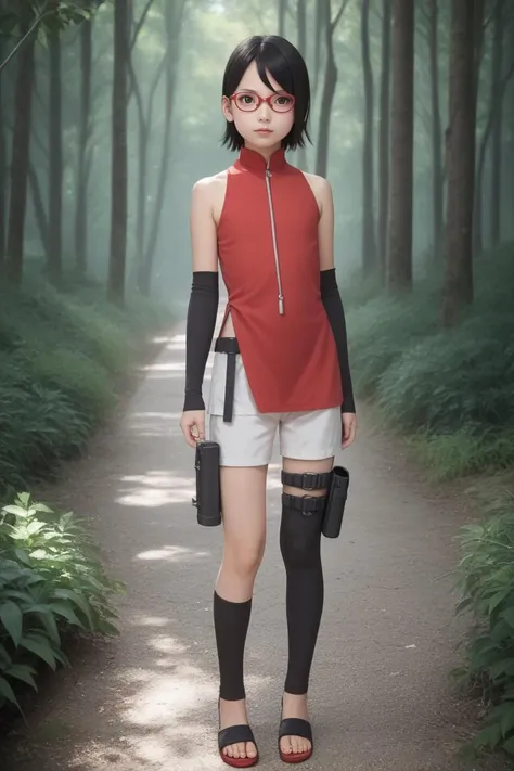 score_9, score_8_up, score_7_up, score_6_up, score_5_up, score_4_up,  break, Sarada Uchiha, solo, 1girl,child,(12 years of age) black hair, short hair, red-framed eyewear, glasses, black eyes, red dress, sleeveless, elbow-length gloves, black gloves, fingerless gloves, white shorts, black thigh highs, thigh holster, fingerless sandals.<lora:Sarada_Uchiha_XL_Pony:1>sakura forest <lora:StS_detail_slider_v1:1>