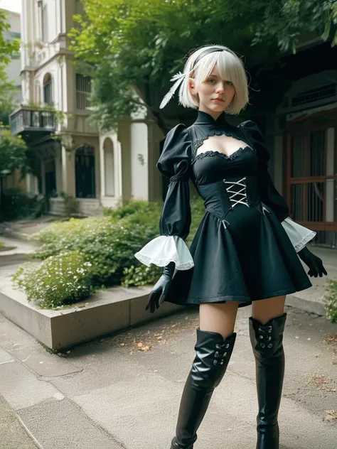 source_photo,realistic,score_9,score_8_up,score_7_up,2BNAXL,(blindfold:0.2),(black blindfold:0.2),hairband,white hair,short hair,medium breasts,clothing cutout,cleavege cutout,black dress,puffy sleeves,feather-trimmed sleeves,black gloves,leotard,skirt,black thighhighs,thigh boots,black high heels,runing in park,<lora:2BNAXL:0.7>,<lora:MJ52:0.8>,