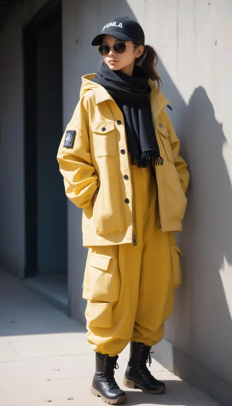 score_9,score_8_up,score_7_up,score_6_up, 1girl, solo, beautiful girl, girl in the shadow of a solar panel, solar panel background, wearing heavy duty sunglasses, wearing oversized jacket, wearing a hood, wearing pants tucked into boots, hazardous environment, wearing tan hazmat suit, scarf over clothing, wearing a cap, abandoned building background, dirty, dust in the air, sand dunes, hard light