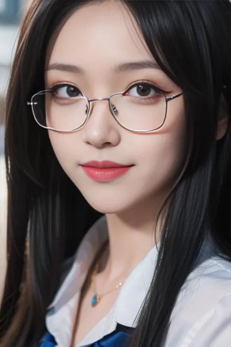 ltra-detailed,highly detailed,best quality,masterpiece,illustration,realistic,photorealistic,
qingqingzi,1girl, upper body,looking at viewer, smile, portrait, close-up, semi-rimless eyewear, 
school uniform, long hair, parted bangs, 
 <lora:qingqingzi_v1_03:0.7>