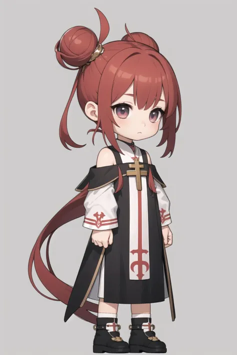 masterpiece, best quality, chibi, 1girl, <lora:ark_q_V1:0.4>, (full body), simple background
short side ponytail,double bun,priest,
