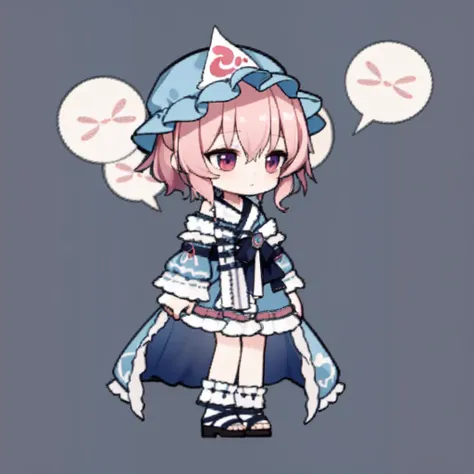 masterpiece, best quality, chibi, 1 girl, <lora:ark_q_V1:0.6>, Saigyouji Yuyuko, Yuyuko, (full body), simple background