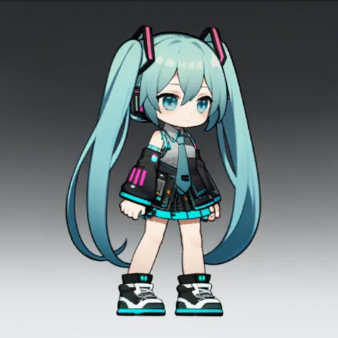 masterpiece, best quality, chibi, 1 girl, <lora:ark_q_V1:0.6>, miku, Hatsune Miku, (full body), simple background
