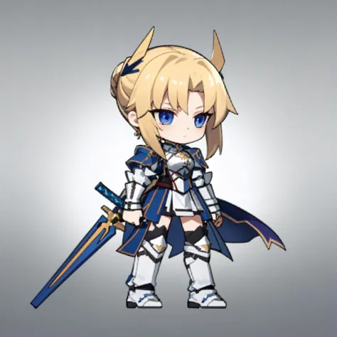 masterpiece, best quality, chibi, 1 girl, <lora:ark_q_V1:0.6>, saber, Altria Pendragon, (full body), simple background