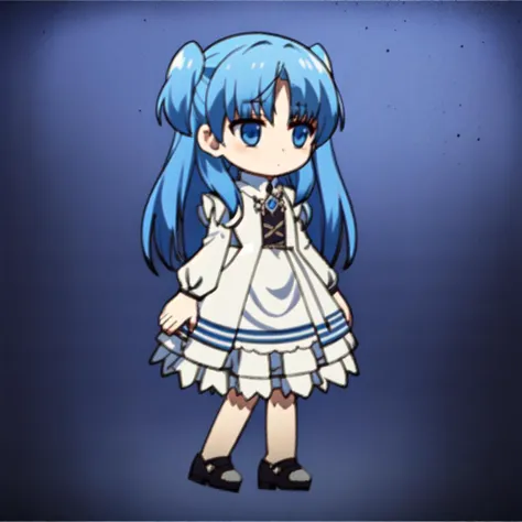 masterpiece, best quality, chibi, 1 girl, <lora:ark_q_V1:0.6>, <lora:ChthollyV3-beta:0.6>, blue hair, two side up,white dress, mary jane shoes, (full body), simple background