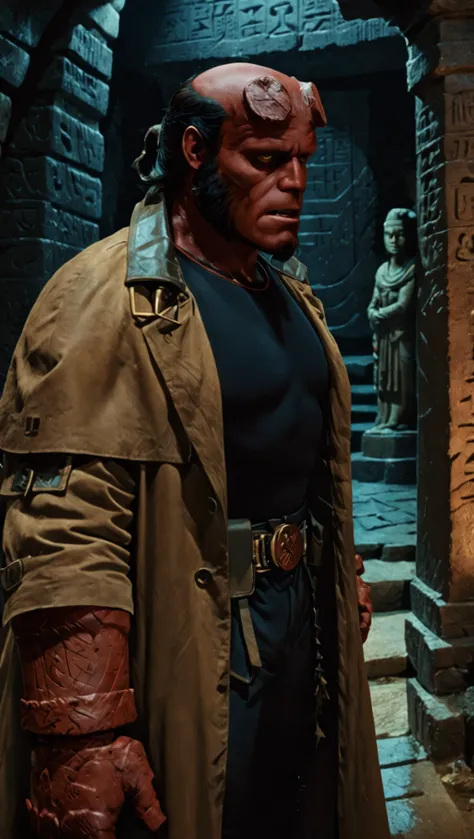 illustration, medium shot, h3llb0y man wearing trench coat and black shirt, inside an egyptian tomb with hieroglyphs and intrincate detailed columns and statues, darkness, dark theme, by frank frazetta, katsuhiro otomo, yoshitaka amano <lora:hellboy-v2-000008:0.7>