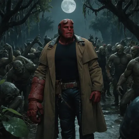 illustration, medium shot, h3llb0y man, fighting against a crowd of swamp creatures and monsters, background of swamp trees and lianas, darkness, dark theme, nightime, full moon light, trench coat, black shirt <lora:hellboy-v2-000008:0.7>