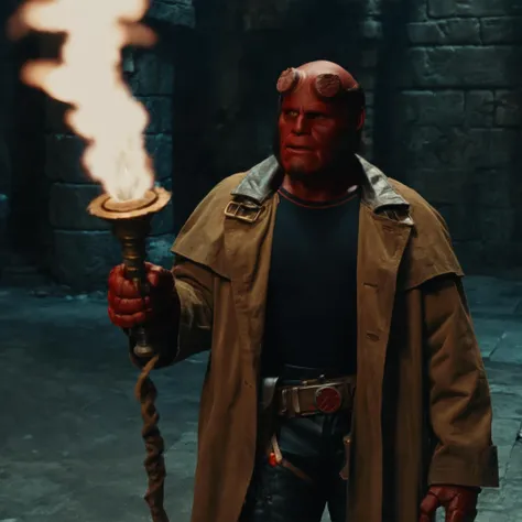 medium shot photo of h3llb0y man, inside a cavern with ancient columns and engravings, darkness, dark theme, illuminated by torch light, trench coat, black shirt <lora:hellboy-v2-000008:0.7>