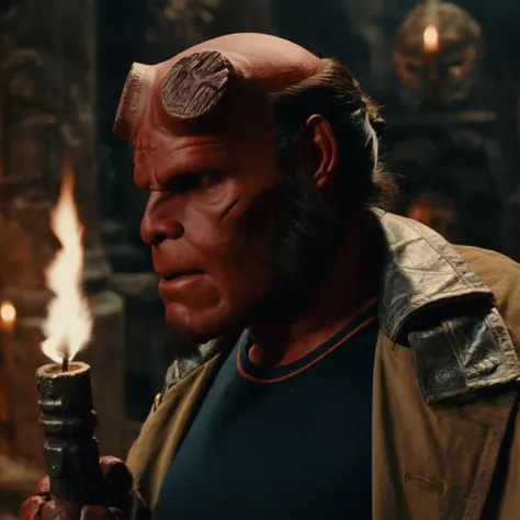 close-up photo of h3llb0y man, inside a cavern with ancient columns and engravings, darkness, dark theme, illuminated by torch light, trench coat, black shirt <lora:hellboy-v2-000008:0.7>