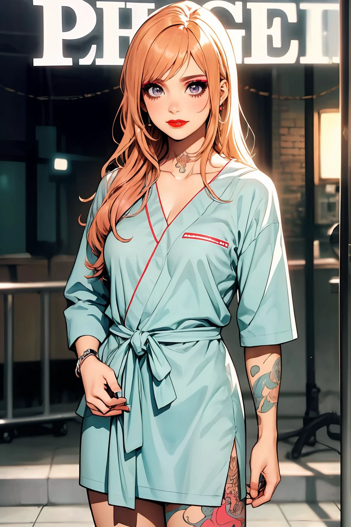 8k high quality detailed,highres,anime,comic,detailed image,
(an illustration of a age girl posing,(an illustration of girl,teengirl)),(magazine_illustration),
(1girl,asian_female,orange hair, long hair, swept bangs, pink eyes, muscular female, medium breasts,(Wistful Smile):0.85),(, m3t0,makeup,eyeshadow,red lipstick,tattoo),detailed_face,
((Standing with hands clasped in front, looking serene):0.8),
((, hospital gown,v-collar):0.85),(,realistic clothing texture,realistic_skin_texture),<lora:meto-uka:0.5>,<lora:HospitalGownAV1:0.6>,<lora:more_details:0.2>