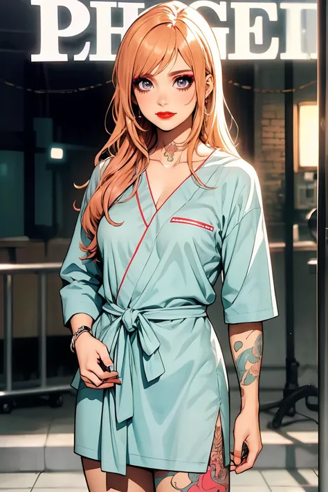 8k high quality detailed,highres,anime,comic,detailed image,
(an illustration of a teenage girl posing,(an illustration of girl,teenage girl)),(magazine_illustration),
(1girl,asian_female,orange hair, long hair, swept bangs, pink eyes, muscular female, medium breasts,(Wistful Smile):0.85),(, m3t0,makeup,eyeshadow,red lipstick,tattoo),detailed_face,
((Standing with hands clasped in front, looking serene):0.8),
((, hospital gown,v-collar):0.85),(,realistic clothing texture,realistic_skin_texture),<lora:meto-uka:0.5>,<lora:HospitalGownAV1:0.6>,<lora:more_details:0.2>