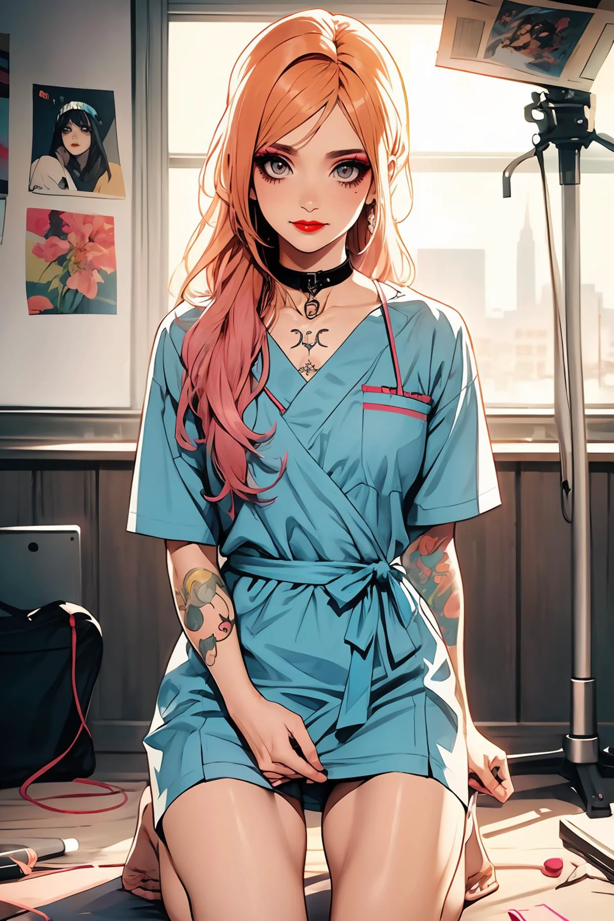 8k high quality detailed,highres,anime,comic,detailed image,
(an illustration of a age girl posing,(an illustration of girl,teengirl)),(magazine_illustration),
(1girl,asian_female,orange hair, long hair, swept bangs, pink eyes, muscular female, medium breasts,(Wistful Smile):0.85),(, m3t0,makeup,eyeshadow,red lipstick,tattoo),detailed_face,
((Kneeling on one knee):0.8),
((, hospital gown,v-collar):0.85),(,realistic clothing texture,realistic_skin_texture),<lora:meto-uka:0.5>,<lora:HospitalGownAV1:0.6>,<lora:more_details:0.2>