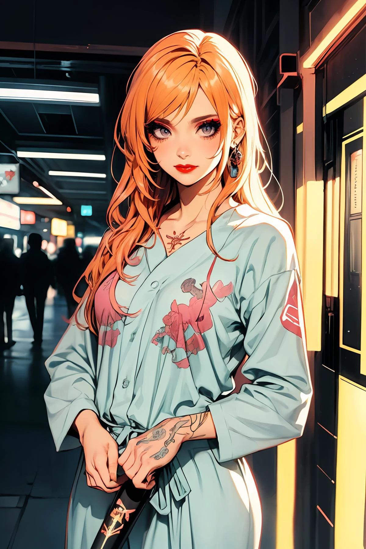 8k high quality detailed,highres,anime,comic,detailed image,
(an illustration of a age girl posing,(an illustration of girl,teengirl)),(magazine_illustration),
(1girl,asian_female,orange hair, long hair, swept bangs, pink eyes, muscular female, medium breasts,(Wistful Smile):0.85),(, m3t0,makeup,eyeshadow,red lipstick,tattoo),detailed_face,
((baseball hitter,baseball bat in hand,batting):0.8),
((, hospital gown,v-collar):0.85),(,realistic clothing texture,realistic_skin_texture),<lora:meto-uka:0.5>,<lora:HospitalGownAV1:0.6>,<lora:more_details:0.2>