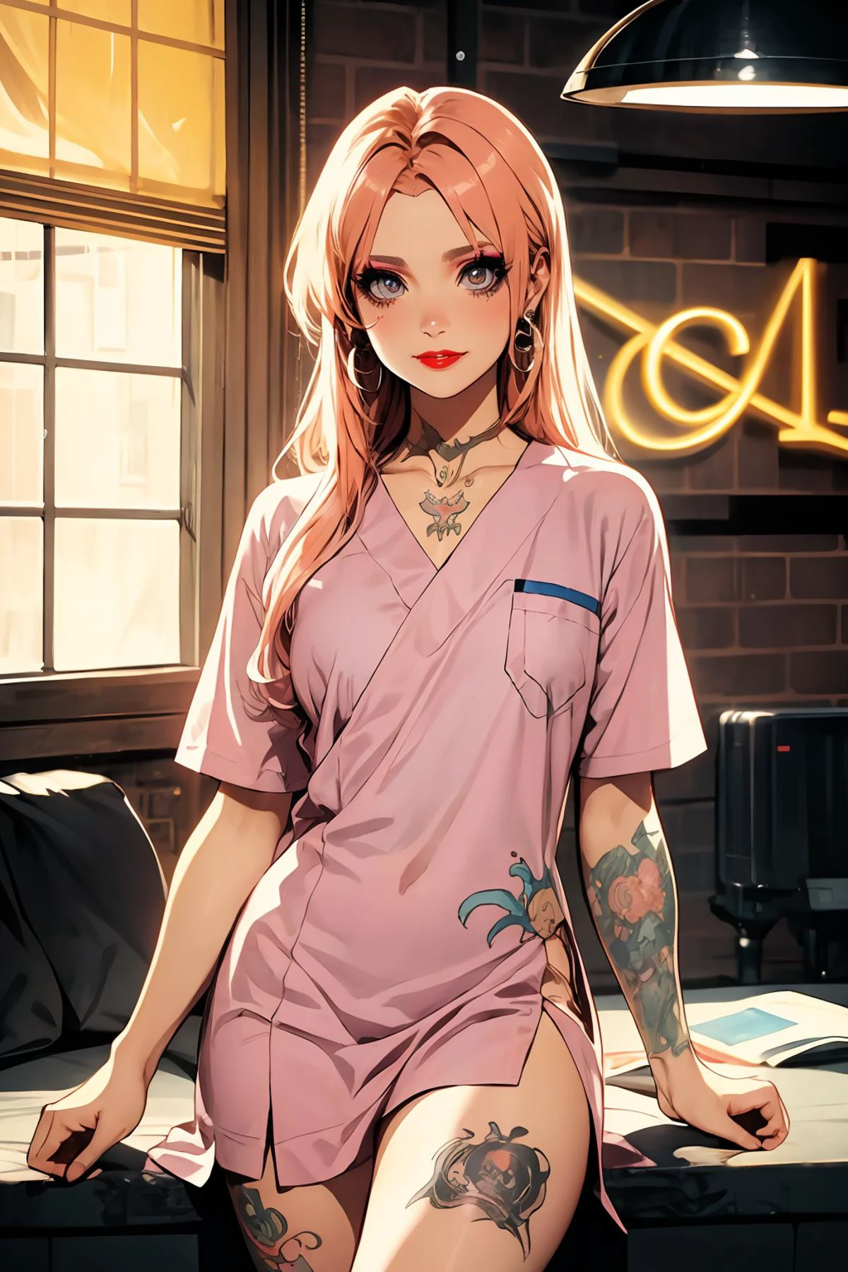 8k high quality detailed,highres,anime,comic,detailed image,
(an illustration of a age girl posing,(an illustration of girl,teengirl)),(magazine_illustration),
(1girl,asian_female,orange hair, long hair, swept bangs, pink eyes, muscular female, medium breasts,(Wistful Smile):0.85),(, m3t0,makeup,eyeshadow,red lipstick,tattoo),detailed_face,
((Leaning back with arms outstretched,):0.8),
((, hospital gown,v-collar):0.85),(,realistic clothing texture,realistic_skin_texture),<lora:meto-uka:0.5>,<lora:HospitalGownAV1:0.6>,<lora:more_details:0.2>
