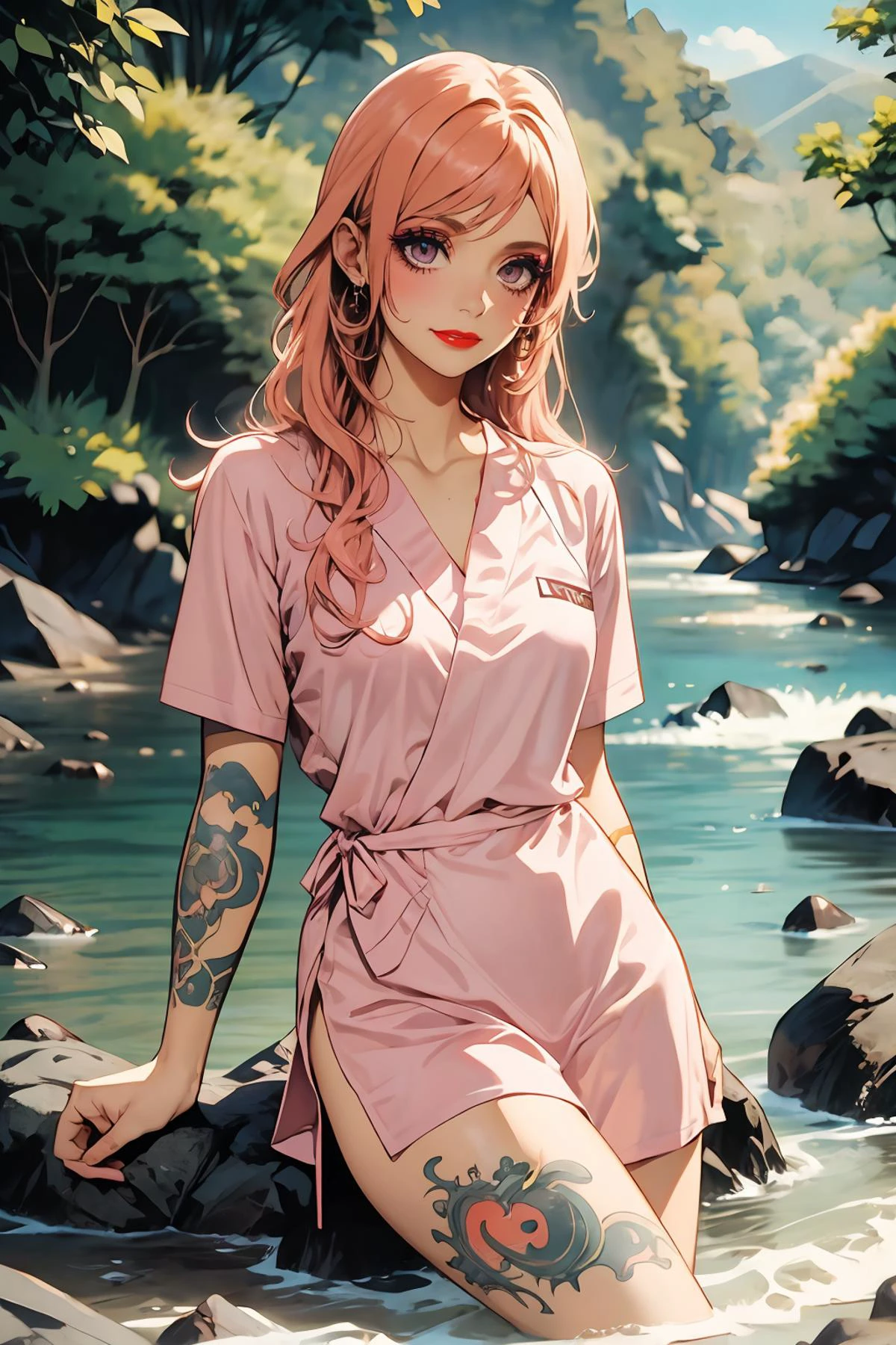 8k high quality detailed,highres,anime,comic,detailed image,
(an illustration of a age girl posing,(an illustration of girl,teengirl)),(magazine_illustration),
(1girl,asian_female,orange hair, long hair, swept bangs, pink eyes, muscular female, medium breasts,(Wistful Smile):0.85),(, m3t0,makeup,eyeshadow,red lipstick,tattoo),detailed_face,
((Sitting on a rock by a river, dipping fingers in the water, enjoying the tranquility,):0.8),
((, hospital gown,v-collar):0.85),(,realistic clothing texture,realistic_skin_texture),<lora:meto-uka:0.5>,<lora:HospitalGownAV1:0.6>,<lora:more_details:0.2>