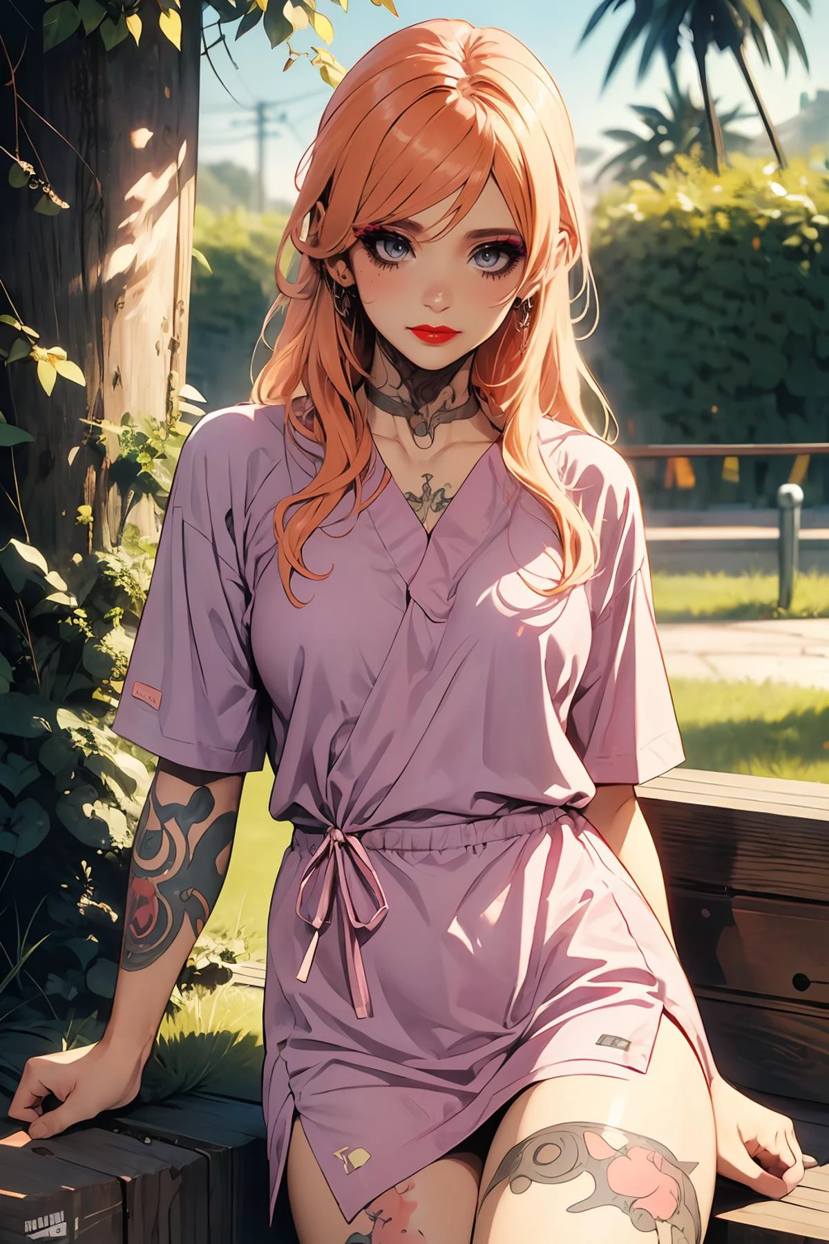 8k high quality detailed,highres,anime,comic,detailed image,
(an illustration of a age girl posing,(an illustration of girl,teengirl)),(magazine_illustration),
(1girl,asian_female,orange hair, long hair, swept bangs, pink eyes, muscular female, medium breasts,(Wistful Smile):0.85),(, m3t0,makeup,eyeshadow,red lipstick,tattoo),detailed_face,
((Resting against a tree trunk, legs stretched out, showing a tranquil moment,):0.8),
((, hospital gown,v-collar):0.85),(,realistic clothing texture,realistic_skin_texture),<lora:meto-uka:0.5>,<lora:HospitalGownAV1:0.6>,<lora:more_details:0.2>