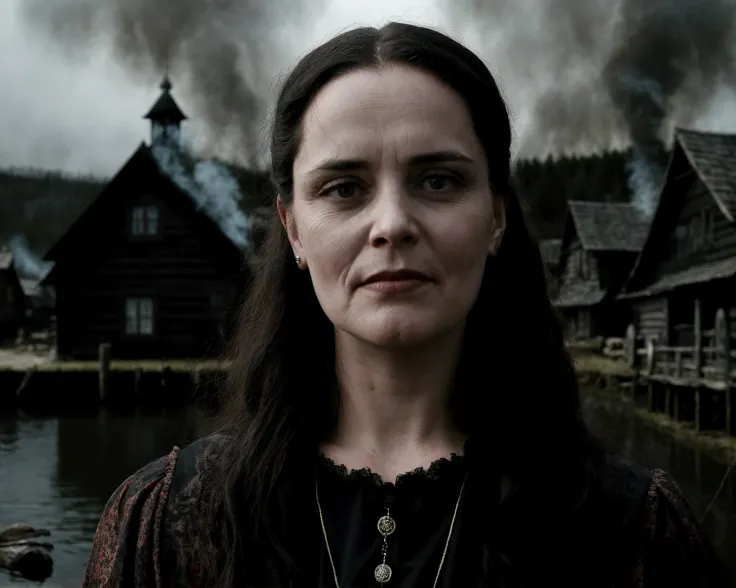 by TimBurton <lora:TimBurton_offset:1>, realistic, a photo of a gothic horror woman in a black lake, beautiful woman, unsettling horror, professional, (Extremely Detailed:1.2), glow effects, godrays, intricate details, sharp focus, dramatic, photorealistic, tribal village, wooden village, burning forest background, sharp contrast, many colours, serious face, smirking,