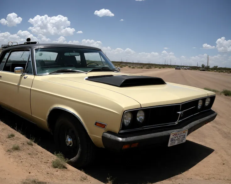 by TimBurton <lora:TimBurton_offset:1>,  cinematic, filmic image 4k, 8k with [George Miller's Mad Max style]. The image should be captured in a [wide-angle view] and depict [single] a [post-apocalyptic] V8 [muscle car]. The car's paint is a [black] covered in a spots of [rust] and thin layer of smooth [dust] and [dirt], making it appear [rugged] and [gritty] but with visible [black color] The car's body should be [sleek] and [aerodynamic], giving it a [low] and [aggressive] stance that conveys [power] and [speed]. The front of the car should feature a [distinctive] front nose cone with [rectangular lights] that adds to its [intimidating] appearance. The car's wheels should be [large] and [sturdy], with [thick] tires that can handle the [rough] terrain of the [post-apocalyptic] wasteland. The rims should be made of [durable] metal with a [unique design] that showcases the car's [individuality]. In addition, the car should have [eight exhaust side pipes]. The car should also feature a Weiand 6-71 [supercharger] mounted on the hood, protruding through the bonnet. Car should be designed to look both [powerful] and [functional], built to withstand the [harsh] conditions of the [post-apocalyptic] wasteland. The image should be [ultra-realistic], with [high-resolution] captured in [natural light]. The lighting should create [soft shadows] and showcase the [raw] and [vibrant colors] of the car. The image should be a highly-detailed photography set in a [post-nuclear], [fallout] like setting, conveying a sense of [danger] and [grittiness]. The final image should be a [masterpiece], with a [realistic portrayal] of the Interceptor that is both [intimidating] and [awe-inspiring]. Background should contain [empty desert highway], image takes place before the storm, with the [hot summer sun] still shining brightly in the sky, but in the distance, the sky is a [dark and foreboding shade of blue], hinting at an impending storm