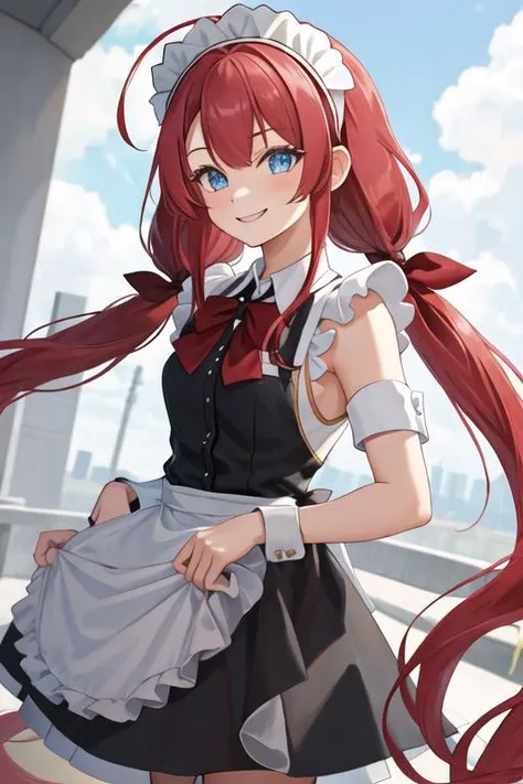 best quality, masterpiece, highres, solo, {maid:1.40}, {long maid dress:1.15}, {kawakaze_kantaicollection:1.15}, long_hair, red_hair, ribbon, hairband, hair_ribbon, bangs, ahoge, twintails, sidelocks, low_twintails, asymmetrical_bangs, very_long_hair, smile, blue_eyes, serafuku, sleeveless, hair_flaps