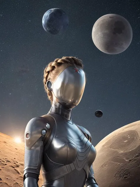 full shot body photo of android woman on the moon, masterpiece, (photorealistic:1.4), best quality, beautiful lighting , braided hairstyle, ray tracing, space background, ( very detailed background, detailed complex busy background : 0.8 ) , earth on the background,<lora:bliznyashkiTheTwins_v1:1>