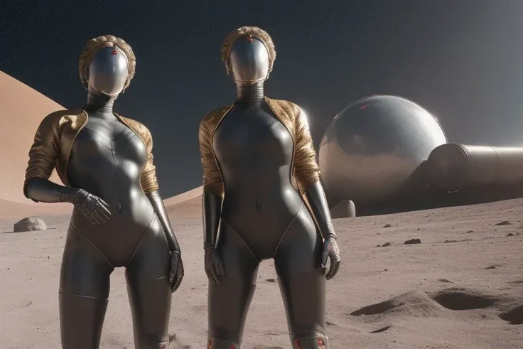 masterpiece, (photorealistic:1.4), best quality, beautiful lighting ,full shot body photo of two rwomen on the moon, ray tracing, soviet flag is on the background , space background, ( very detailed background, detailed face, detailed complex busy background : 0.8 ) , <lora:bliznyashkiTheTwins_v1:1>