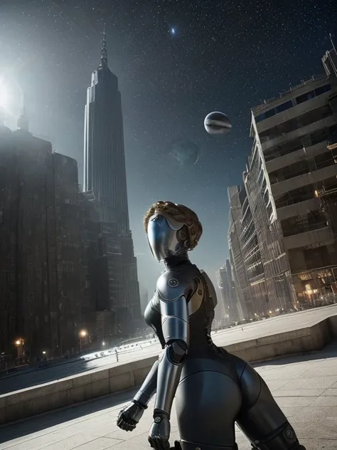 (full shot body:1.4) photo of android woman on the moon, masterpiece, (photorealistic:1.4), best quality, beautiful lighting , braided hairstyle, ray tracing, space background, ( very detailed background, detailed complex busy background : 0.8 ) , earth on the background, sharp focus, volumetric fog, 8k uhd, dslr, high quality, film grain, photorealism, lomography, at ( A sprawling metropolis in a future dystopia ), view from below , translucency , (HDR:1.2),<lora:bliznyashkiTheTwins_v1:1> Mar